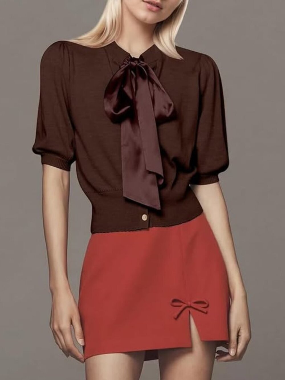 Brown Bow-Front Short Sleeve Knit Cardigan - Women